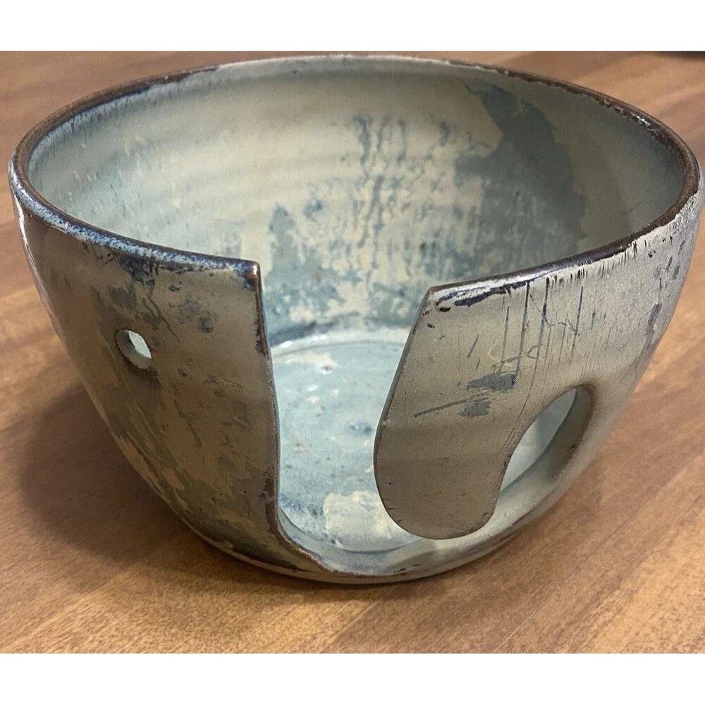 Signed Studio Pottery Ceramic Yarn Bowl Knitting Crochet Blue Green Handmade 6